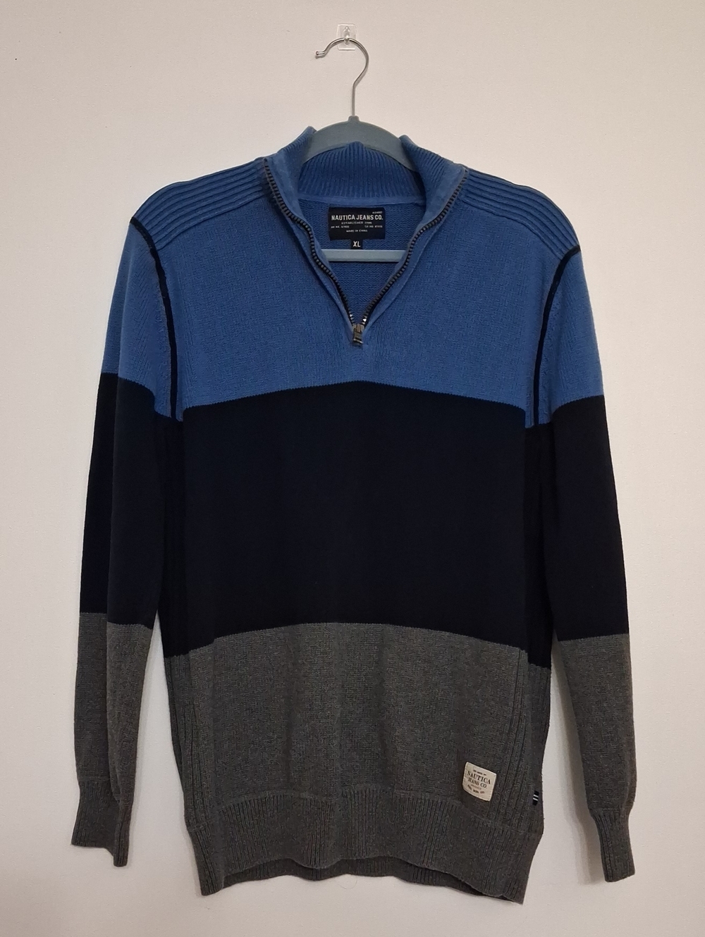 Nautica Men’s Colorblock Half-Zip Sweater in Blue, Black & Gray